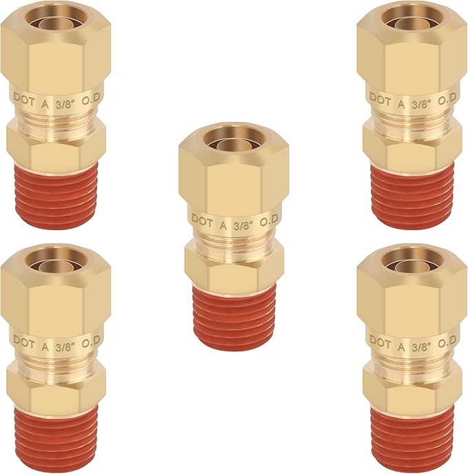 5PCS Air Brake Nylon Tubing Brass Union Fitting, 3/8" Tube OD x 1/4" NPT Thread Air Compression Straight Union Fittings for Nylon Hose with DOT Approved for Truck Trailers