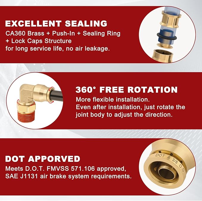 3/8" Quick Push to Connect Fittings Brass 90 Degree Union Swivel Elbow Joint DOT Approved 3/8" Tube OD x 1/2" NPT Thread Air Brake Line Adapter Air Suspension Kit for Car Truck Trailers 2pcs
