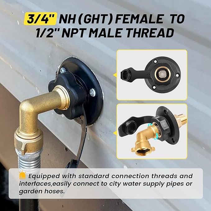 Oyviny RV City Water Inlet with Check Valve, Lead-free Brass RV Fresh Water Inlet 3/4 NH Female to 1/2 NPT Male Connection, Water Fill Inlet Flange Replacement for Camper Trailer Motorhome Marine