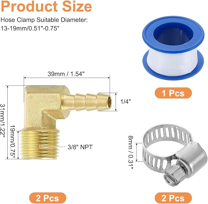 uxcell 2Pcs Brass Hose Barb Fittings, 1/4" x 3/8" NPT 90 Degree Elbow Hose Connectors with Hose Clamps for Water Fuel Gas Oil Transportation