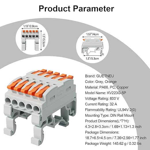 5Pcs DIN Terminal Blocks, 5 Conductor Compact Wire Conductor Splicing Connectors, KV223 Lever Wire Connectors for AWG 28-12, 600V 32A
