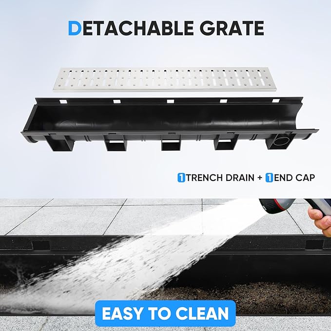 FAHKNS Trench Drain System, HDPE Channel Drainage with 304 Stainless Steel Metal Grate, Durable Garage Flooring Drain for Driveway, Garden, Patio, Pool Deck, Easy to Install, Corrosion-Resistant
