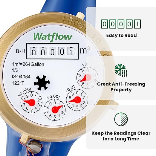 Watflow DN15 Water Meter 1/2"NPT, ISO4064 Certification Cubic Water Flow Meter, Cold Water Meter, for Garden or Home, Horizontal Install.