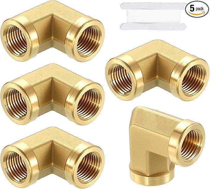 5 Pack Brass Pipe Fittings, 90 Degree 1/8" FeMale NPT to 1/8" FeMale NPT Barstock Street Elbow with Sealing Tape, Forged Pipe Fitting Connector for Air, Oil, LP
