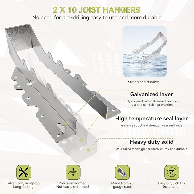 20pcs 2x10 Joist Hanger,LU210 20 Gauge Galvanizing Face Mount Joist Hangers for Wood,Hurricane Tie for Rafter Fits Truss Connectors,Rafter Hangers 2x10 Great for Floor Deck and Ceiling Joists