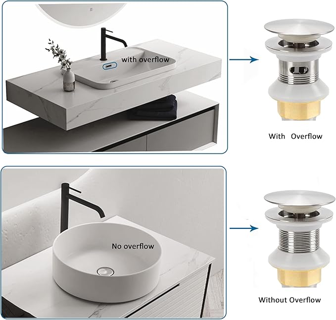 Bathroom Sink Drain,2 Pack Drain Stopper Bathroom Sink with Overflow,Pop Up Drain Assembly with Detachable Strainer Basket,Built-in Anti-Clogging Strainer,Stainless Steel Brushed Nickel