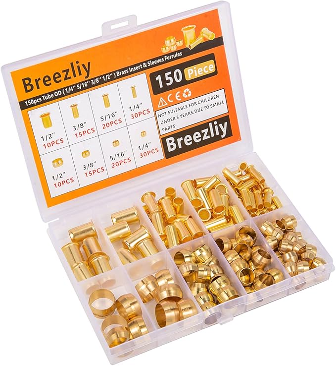 150PCS Tube OD（1/4" 5/16" 3/8" 1/2") Brass Compression Sleeves Ferrules & Insert,4 Sizes Brass Compression Fitting Assortment Kit