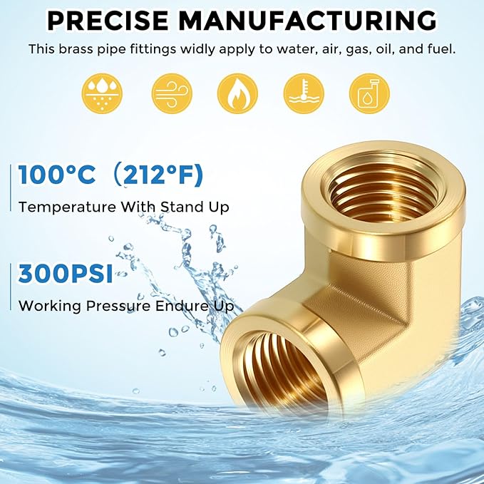 Pack of 2, 90° 1/4" NPT FeMale to 1/4" NPT FeMale Solid Brass Barstock Street Elbow, Forged Pipe Fitting for Pipe Leak Repair, Bathroom Remodeling, Tool Extensions, Compression