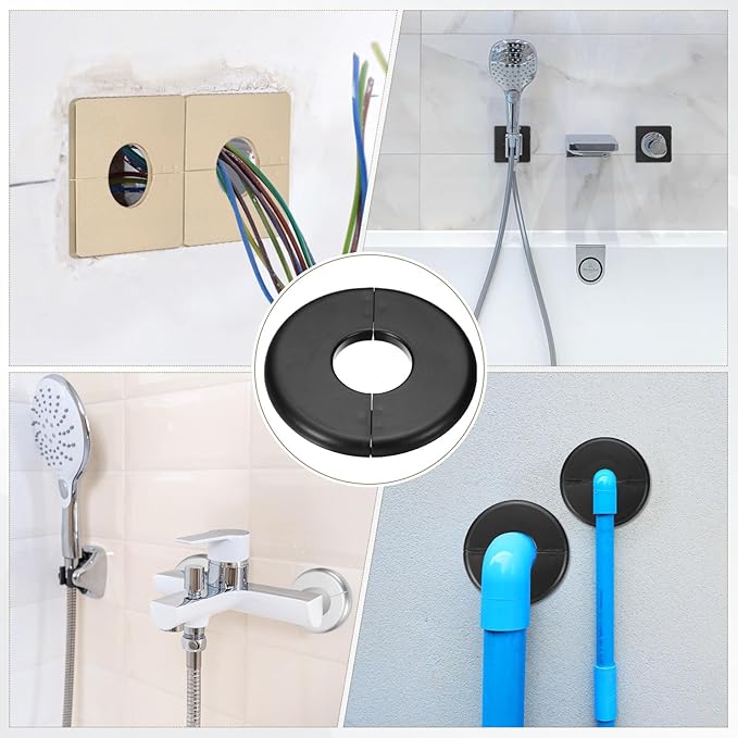 PATIKIL Wall Split Flange 95mm / 3.7" OD, 4 Pcs Round Escutcheon Plate Cover PPR Plumbing Cover Plates with Self-Adhesive Tape for 33.5mm / 1.3" Dia Water Pipe Faucet, Black