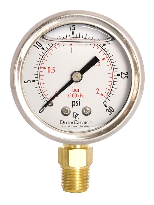 2" Oil Filled Pressure Gauge - Stainless Steel Case, Brass, 1/4" NPT, Lower Mount Connection, 0-30PSI