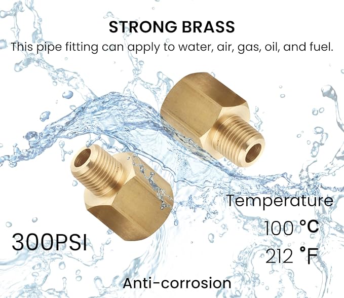 1/8 Inch NPT Male to 1/8 Inch NPT Female Pipe Reducer Adapter, Brass Pipe Extension Fittings, Thread 0.375" OD to 0.375" ID, Pack of 2