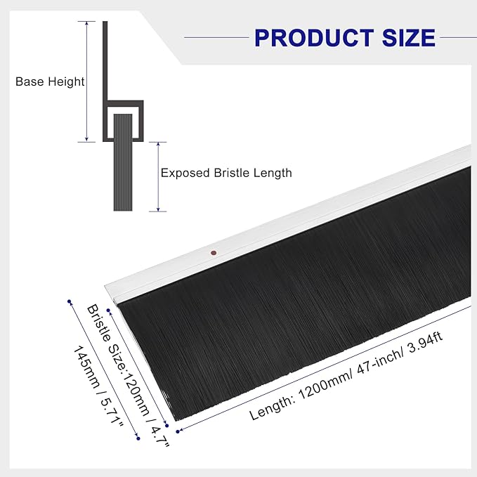 uxcell 2Pcs Door Brush Bottom Sweep H-Shape Aluminum Alloy Base with 4.7-inch PP Brush for Home, Industrial (47-inch L, Silver)
