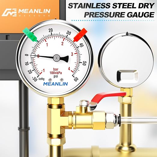 MEANLIN MEASURE -30inHG~60Psi Vacuum Gauge Stainless Steel 1/4" NPT 2" FACE DIAL Waterproof for Air Compressor HVAC Negative Pressure Hand Pump Pool Lower Mount (with 2PCS Snaps)
