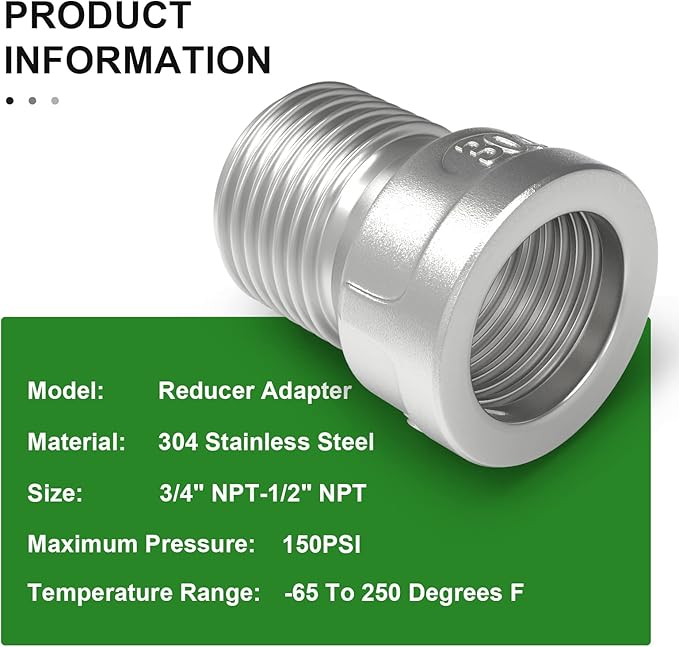 TAISHER 5PCS 304 Stainless Steel Pipe Fitting, Reducer Adapter, 1/2" Male NPTx 3/4" Female NPT