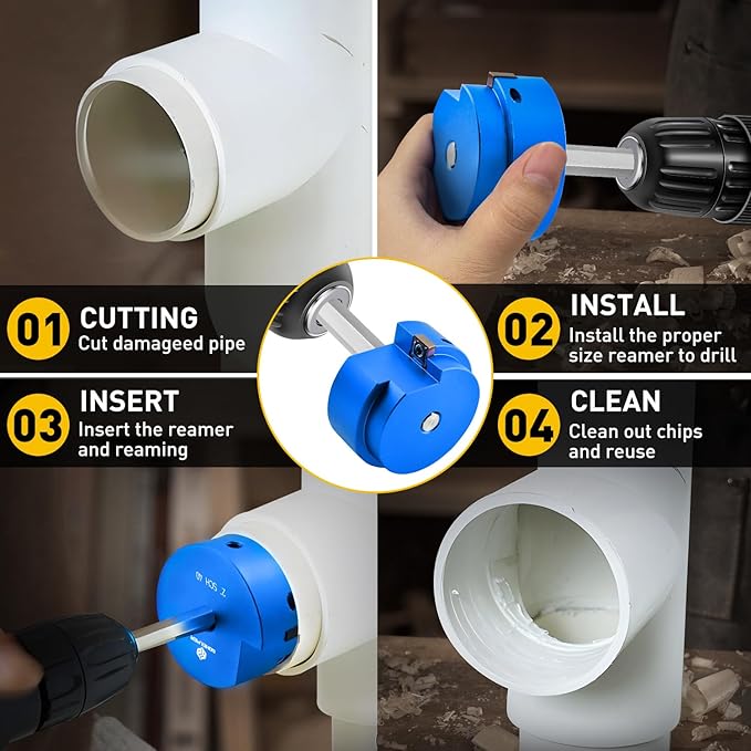 7Pcs PVC Pipe Reamer Kit With 3/4inch, 1inch, 1-1/4inch,1-1/2inch, 2inch, 3inch, 4inch Head Aluminum, PVC Fitting Saver, PVC Socket Saver For SCH40 PVC, ABS PVC Pipe, CPVC, Fit for Standard 1/2" Drill