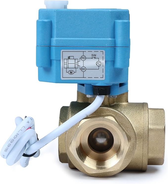 U.S. Solid 3/4" 3 Way Brass Motorized Ball Valve L Type AC/DC9-24V, Water Shutoff Valve with Manual Function, Standard Port, NOT for Drinking Water