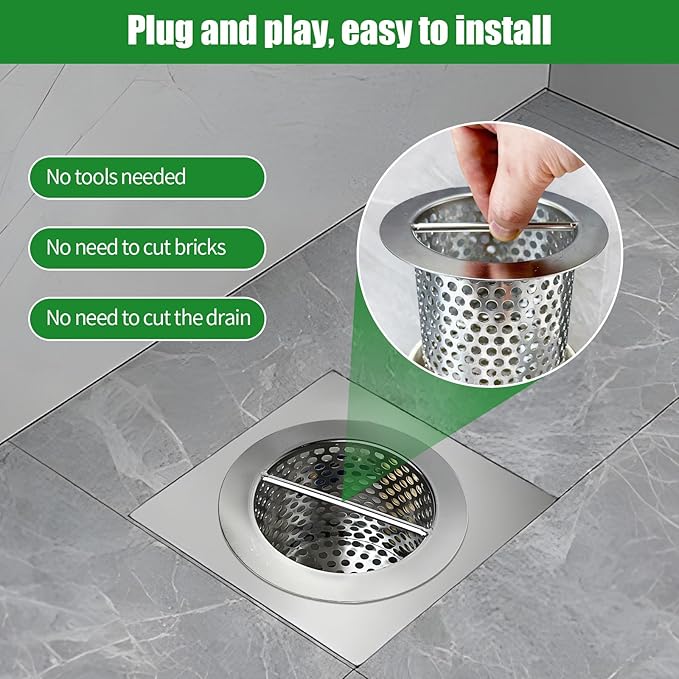 2'' Commercial Floor Drain Strainer, 4" Tall 304 Perforated Cylindrical Mesh Stainless Steel Drain Strainer for Factory/Kitchen/Hospital/Restaurant (Silver, 4" Tall x 2" Diameter)