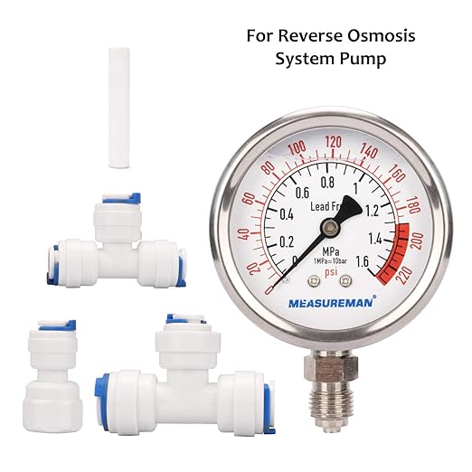 MEASUREMAN Lead-Free Glycerin Filled Reverse Osmosis Pressure Gauge, Purified Water Pressure Gauge, 2-1/2" Dial Size 1/4" Lower Mount, 0-220Psi/Mpa, with PU Tube Connection