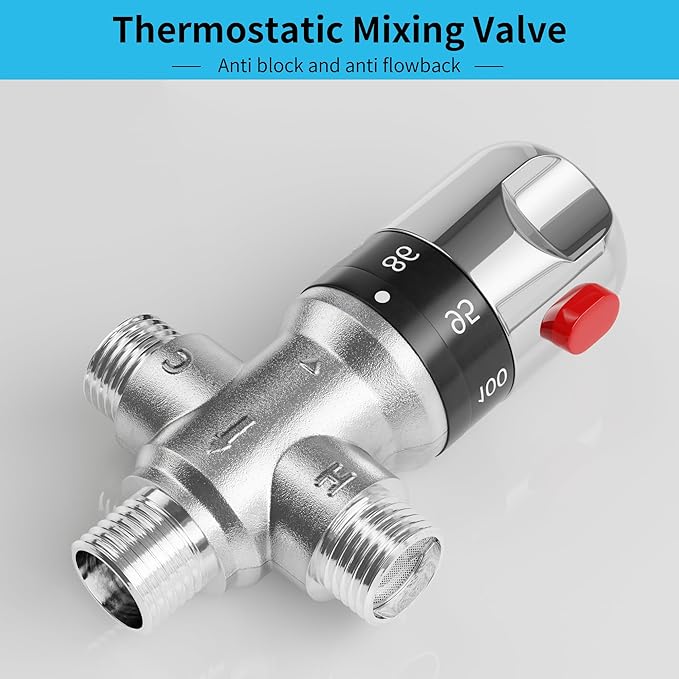 FUGO 1/2 NPT Thermostatic Mixing Valve,Water Mixing Valve with 1/2 NPT Male Connections,Solid Brass,Chrome