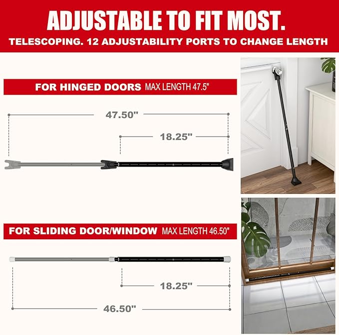 SECURITYMAN 2-in-1 Door Security Bar & Sliding Door Security Bar - Door Jammer Constructed of High Grade Iron - Black Door Stoppers Security Bar