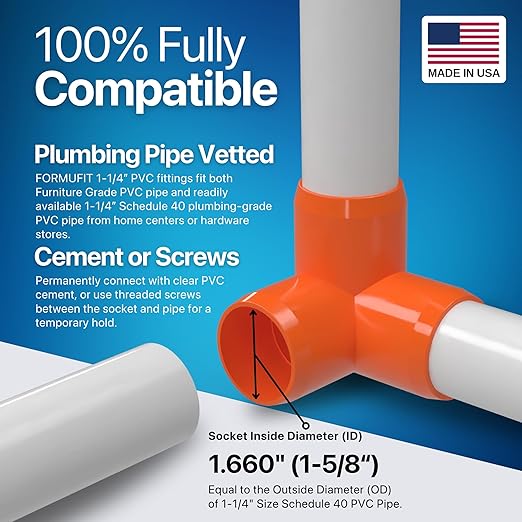 FORMUFIT 1-1/4" 3-Way Elbow Furniture Grade PVC Fitting in Orange, Made in USA, UV-Resistant, Impact-Proof, 1.660" Actual Socket Diameter (Pack of 4)