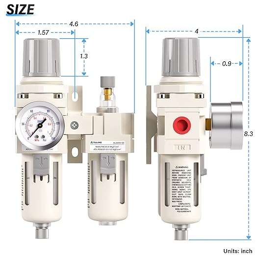 TAILONZ PNEUMATIC 3/8 Inch NPT Air Filter Pressure Regulator Water/Oil Trap Separator Combo(0-145PSI),Air Tool Compressor Filter with Gauge AC3010-03(Manual Drainage)