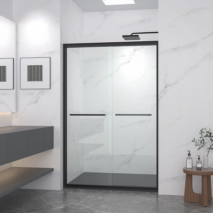 KEIKI Double Sliding Shower Door 44"-48" W x 72" H, 5/16 inch Tempered Glass Door for Walk-in Shower,Bypasss Bathroom Shower Enclosure, with Towel Bar & Mute Sliding Rollers,Matte Black Finished