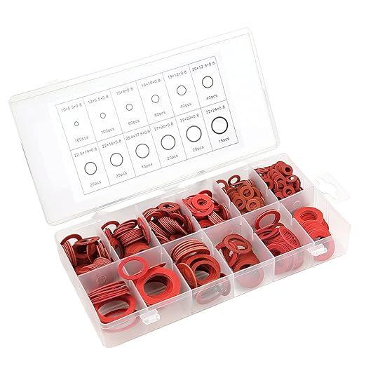 Fiber Flat Washers, Washer Assortment, Insulation Assorted Fiber Washers, High Temperature Rubber Flat Washer, Red Steel Washer Plumbing Kit with Plastic Box, 600pcs, 12 Sizes