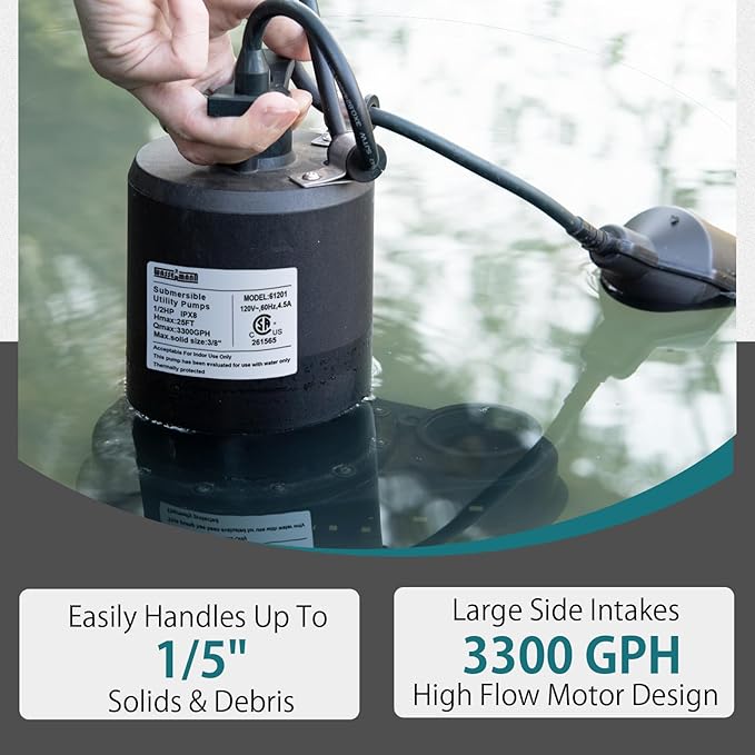 WASSERMANN 1/2HP Sump Pump,3300GPH Thermoplastic Utility Pump Electric Portable Transfer Clean/Dirty Submersible Pump with Float Switch for Pool Tub Garden Pond Draining with 10 FT Cord