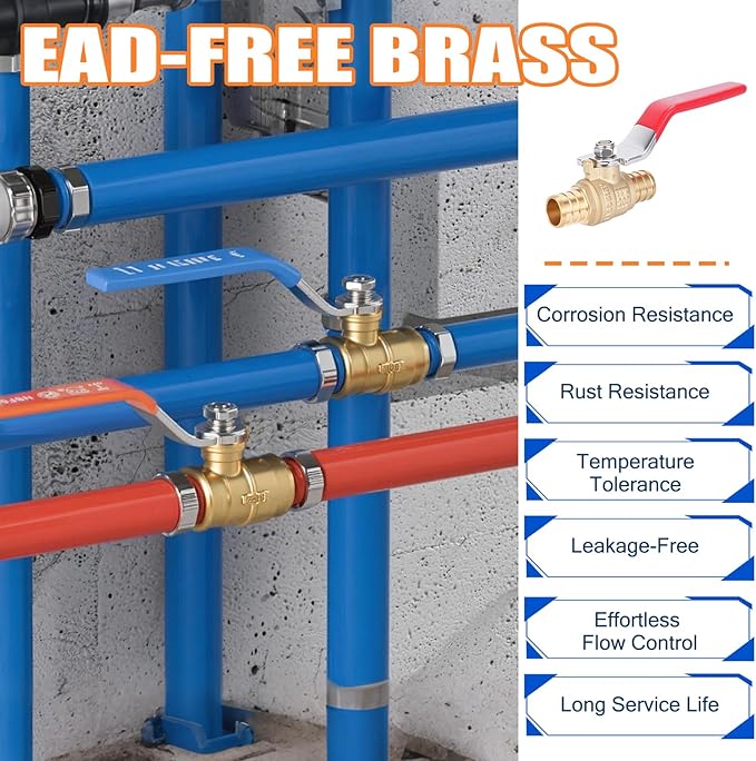 F1807 1/2" Pex Ball Valve, Brass Full Port Water Shut Off Ball Valve for Hot and Cold Water (2-Pack), UPC Certified