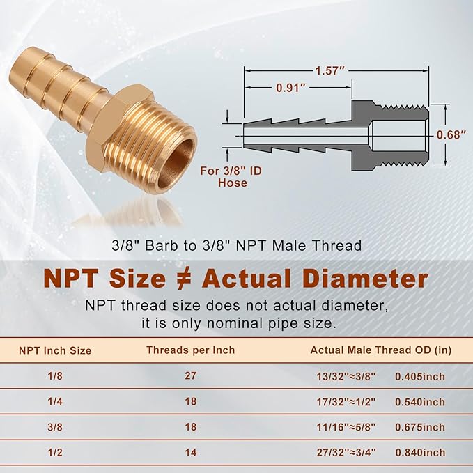 5pcs Brass Hose Barb Fittings 3/8 Inch Barb to 3/8 Inch NPT Male Thread Air Hose Fittings Adapter Connector Water Fuel Air Line Fittings 3/8” Barb × 3/8” NPT Brass Fittings