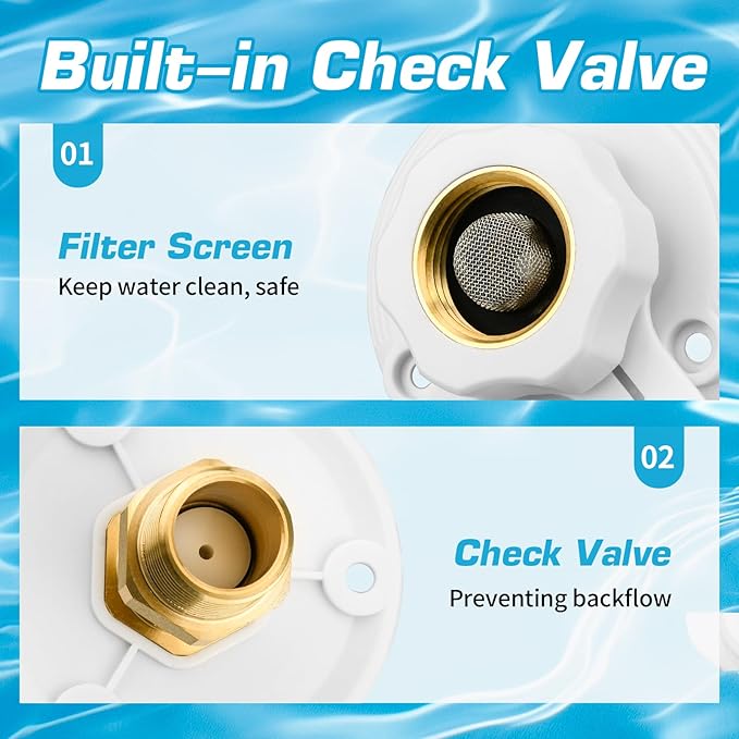 RV City Water Inlet with Brass Check Valve, Fresh Water Fill Flange for Camper Hookup, Durable RV Water Replacement Connection Fittings, White