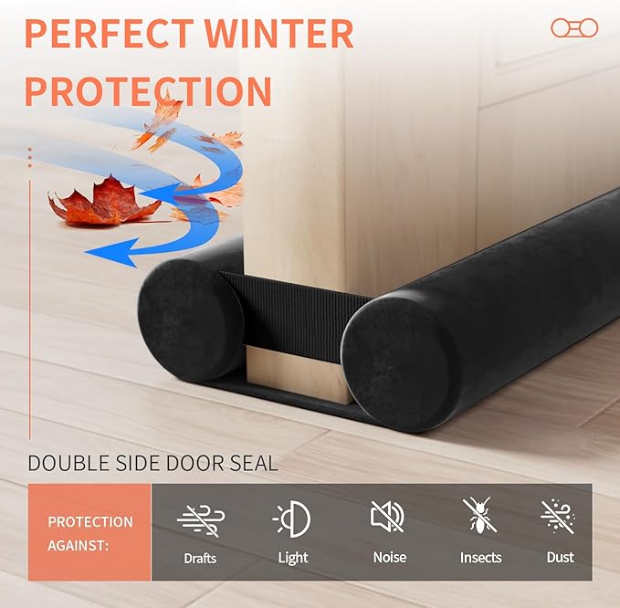 Door Draft Stopper for Doors 29-35" No Adhesive Draft Stopper for Bottom of Door Draught Excluder Under Door Wind Blocker Reduce Noise Draught Excluder Sweep Sound Proof(Black)