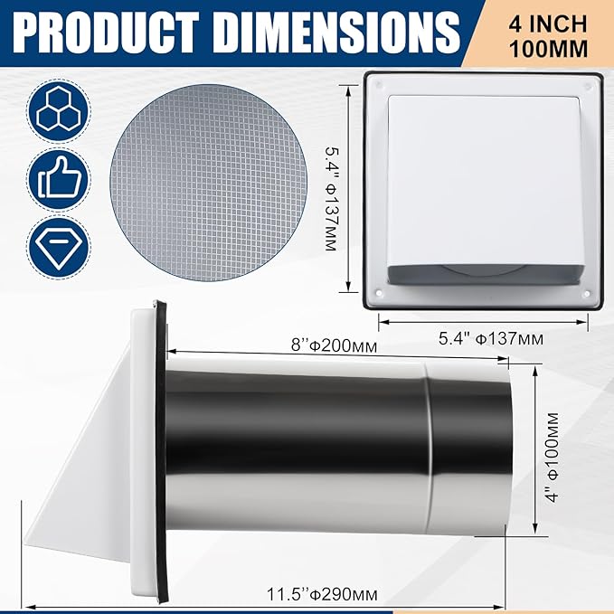 Gisafai 4" Dryer Vent Cover Outside with Stainless Steel Guard Wall Dryer Exhaust Cap and Removable Extended Pipe Vent Shroud Hood Cushioned Non Return Flap with Sealing Gasket Grille(White)