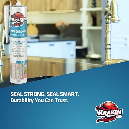 Kraken Bond Gray Silicone Sealant Waterproof%100-10 fl oz Cartridge - RTV Silicone Caulk Bathroom and Kitchen, All Purpose, Window Caulking Sealant Outdoor, RV, Exterior Use Silicon - 48 Pack