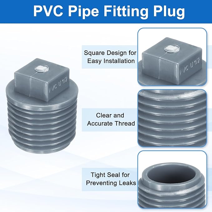 uxcell 10Pcs 1/2 Inch PT Male Thread PVC Pipe Fitting Plug, Cleanout Plugs, Water Drain End Caps Coupling Adapter with Tape for Water Heater Supply Lines, Plumbing, Gray