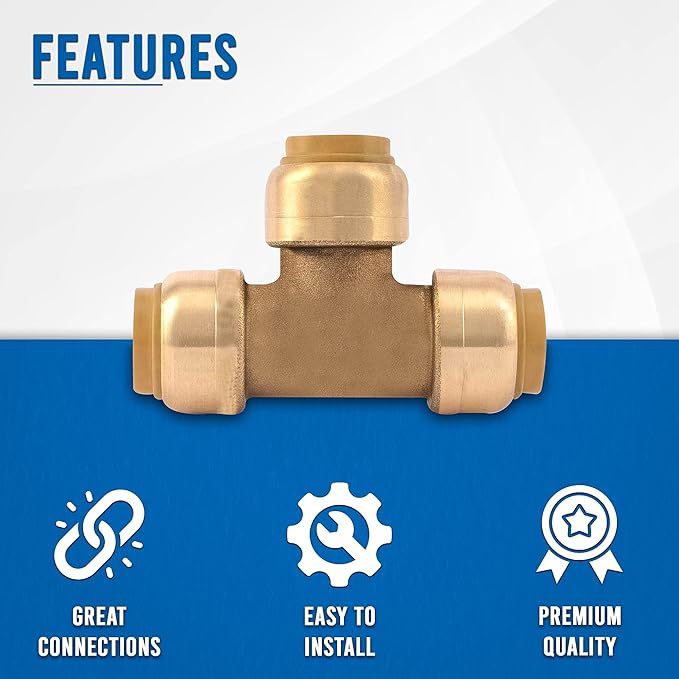 3/4 Inch Push Fit Plumbing Tee - Push-to-Connect Plumbing Fittings - Straight/Elbow/Tee Plumbing Fitting with 3/4" Disconnect Clip - Push fit Fittings for Copper Copper, PEX, CPVC Pipe - Pack of 5