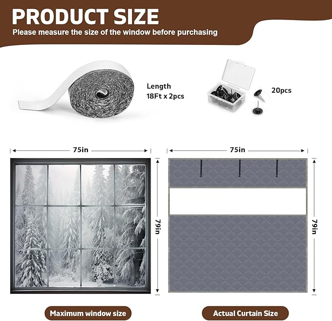 Window Insulation Kit for Winter 75'' x 79'' Visible Thermal Window Insulations Reusable Oxford Cloth Cotton Layer Thermal Window Cover Insulated Window Cover Warm Waterproof Attic Insulation Cover
