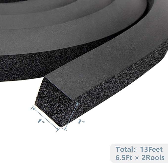 13Ft NBR+PVC Air Conditioner Foam Seal Insulating Strip 2 Roll 1 x 1 Inch 6.5 Feet Long Heavy Duty Window Seal Weather Stripping with High Resilience No-Adhesion