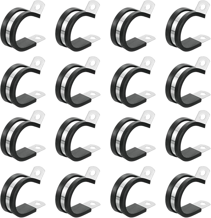 uxcell 1-1/8"(28mm) Cable Clamp, 304 Stainless Steel Rubber Cushioned Insulated Clamp R Shape Metal Clamp Tube Holder for Pipe Hose Wire Cord Installation 16Pcs