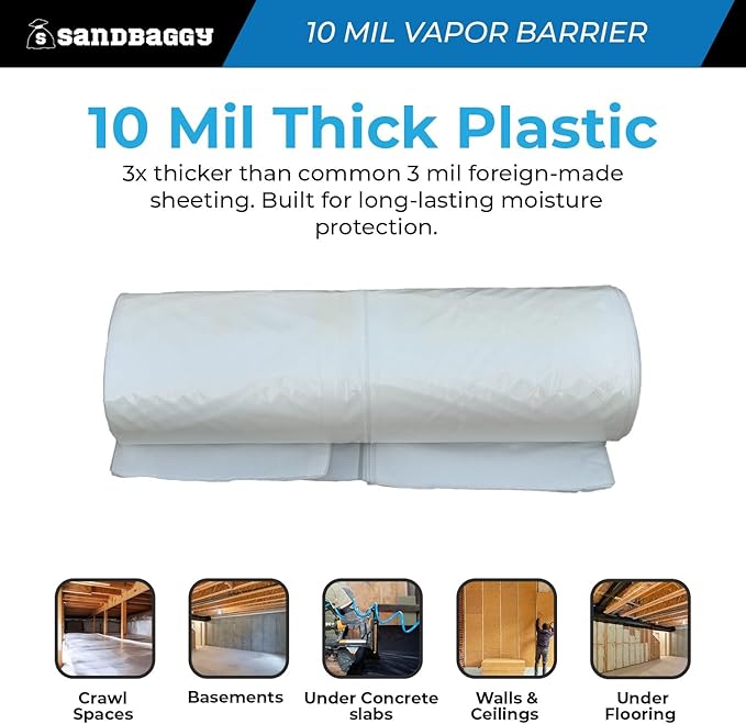10 Mil Clear Vapor Barrier – Polyethylene Visqueen (USA Made) - Sandbaggy (20 ft x 100 ft, 1)