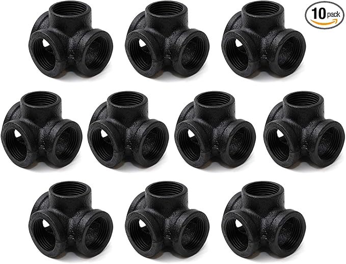 1/2" Black 4-Way Side Outlet Tee, Home TZH 10-Pack Threaded 4-Way Corner Cast Black Malleable Iron Pipe Fitting for Industrial Pipe, Furniture and DIY Decoration (10, Black 1/2 Inch)