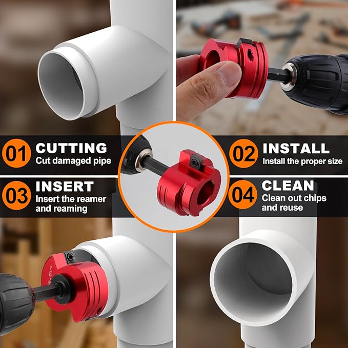 Double-Blade PVC Pipe Reamer Kit (1/2" to 4") 8PCS into Standard 1/2" Drills - Fits Sch.40 CPVC ABS Hub