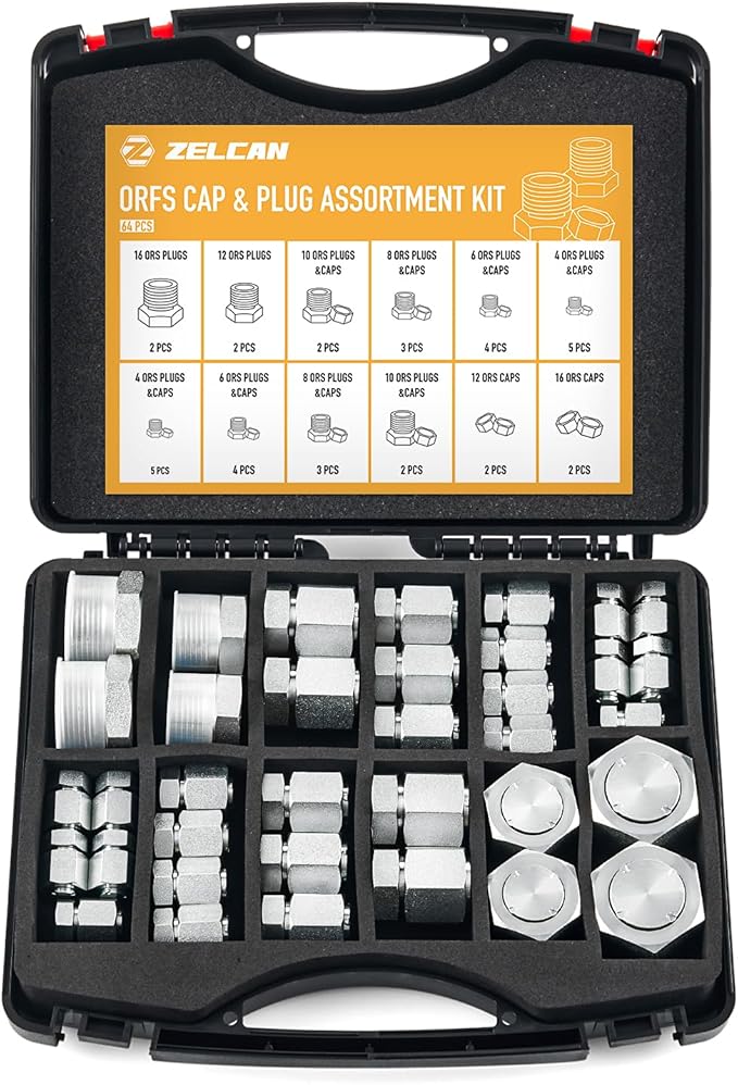 ZELCAN Hydraulic Hose Cap & Plug Kit, 64pc O-Ring Face Seal Plug and Cap Assortment Kit for Dash Size 4 6 8 10 12 16, Heavy-Duty Hydraulic Hose Fitting Kit for Industrial Pipe Tube Sealing