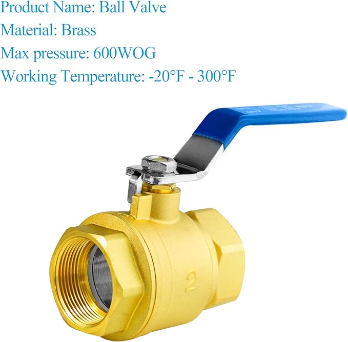 WiseWater 2" NPT Full Port Brass Ball Valve, with 1/4 Turn Blue Handle, 600 WOG, Plumbing Fitting, UPC Certified, 1 Pc