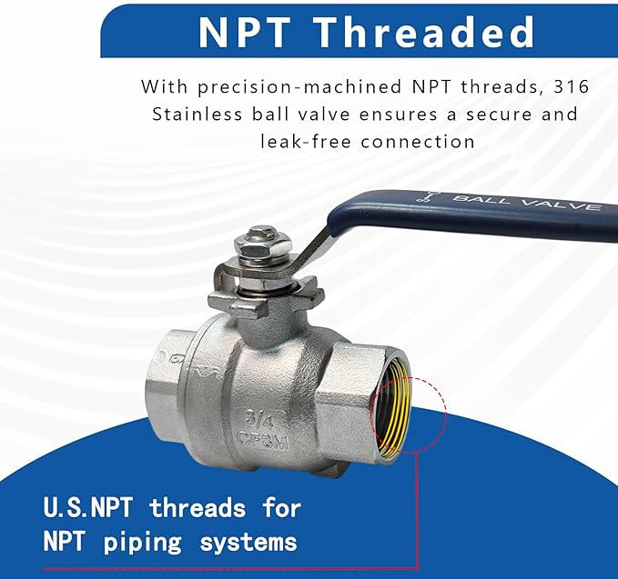 3/4" 316 Stainless Steel Ball Valve Female, 2-Piece Full Port NPT Threaded, 1000 WOG, High Pressure Corrosion Resistant Shut Off Valve for Water/Oil/Gas, Industrial Plumbing Valve (2-Pack)