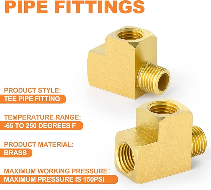 GASHER 1 Pcs Brass Tee Fitting, 1/4" FNPT x 1/4" FNPTx 1/4" MNPT Pipe Fittings, Male Run Tee