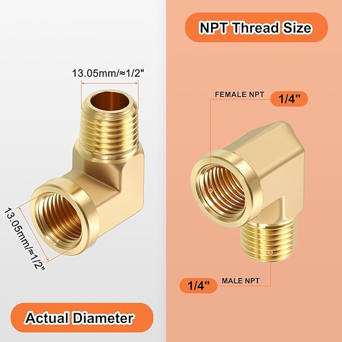5 Pack 90° Barstock Street Elbow FeMale to Male Adapter, 1/4" NTP Female x 1/4" NTP Male Forged Brass Pipe Fittings for Industrial, Fluid Transfer, Home Gardening, Water Treatment