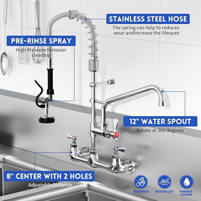 Commercial Sink Faucet,TOLSUNY Commercial Kitchen Faucet Wall Mount with Pre Rinse Sprayer,Wall Mounted Kitchen Sink Faucet for Industrial and Restaurant Sinks. (Modern, 25)