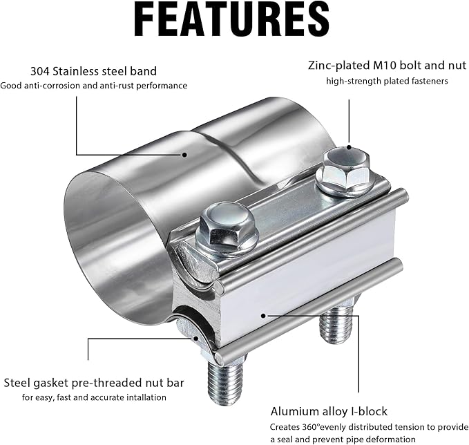 3 Inch Lap Joint Exhaust Clamp, 304 Stainless Steel Muffler Clamp, Pipe Clamps Sleeve Coupler for Pipes, Mufflers and Catalytic Converters